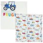 organic cotton muslins two pack with helicopter, boat, tractor and car print from frugi