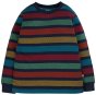 long sleeve indigo morvah  top with the alternating blue, yellow, red and green stripes from frugi