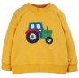 This Frugi Yellow Tractor Easy On Jumper for babies and toddlers is a yellow organic cotton jumper with a colourful tractor applique, blue star elbow patch appliques and stretchy ribbed v-neck collar for easy dressing.
