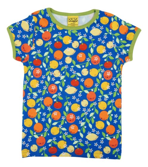 Organic cotton children short sleeve top with fresh and zesty citrus print on blue from DUNS