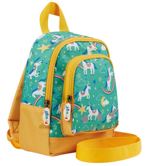 teal and yellow little adventurers backpack with cosmic unicorn print from frugi 
