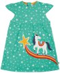 teal little lola short sleeve dress with stars and cosmic unicorn from frugi