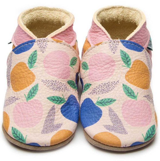 Inch Blue Leather baby shoes Pomme, with pink blue and orange apples