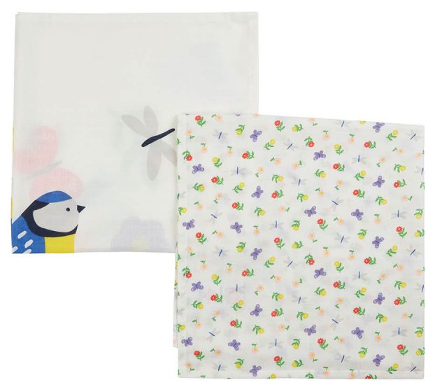 two pack muslin from frugi, one is with bird and frugi logo print and another is with butterflies and flowers