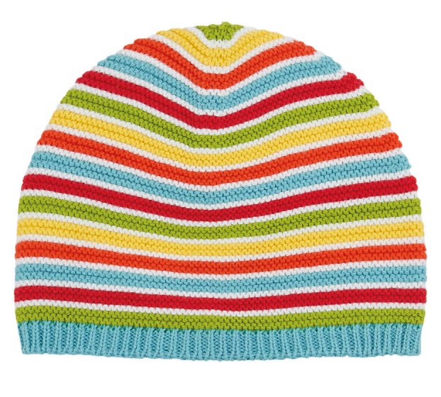 harlen knitted hat from frugi with alternating green, yellow, red, blue and white stripes
