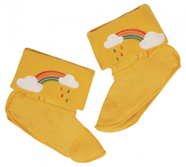 Frugi organic cotton soft yelow welly liner with embroidered rainbow and blouds on ankle