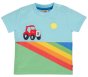 sky blue short-sleeved t-shirt for children with a red applique tractor on the front with a green bottom panel with a colourful rainbow design from frugi