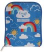 Frugi Rainbow Skies Pack Away compact tote bag in blue with rainbows and sun printed all over