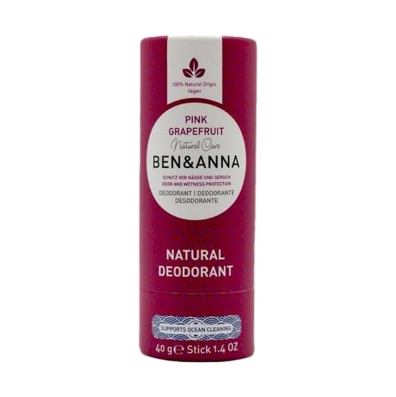 Ben & Anna eco-friendly 40g paper deodorant stick in the pink grapefruit scent on a white background