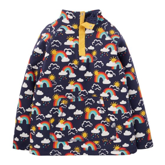 Front of the Frugi organic cotton childrens snuggle fleece in the rainbow skies print on a white background