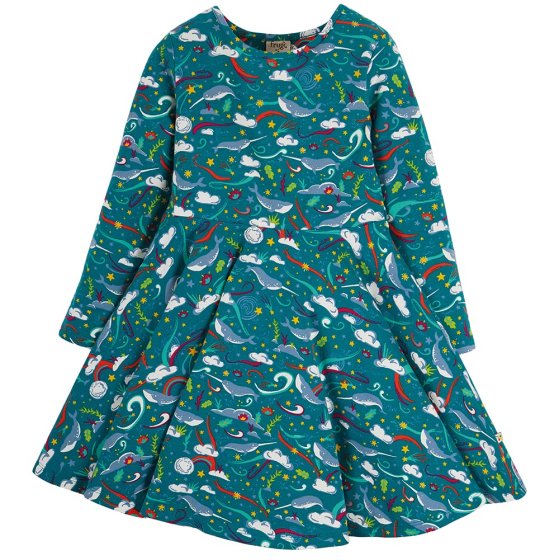 Frugi Long sleeve organic cotton teal skater dress with cosmic wave print of narwhals, whales and galaxy inspired star prints on a white background