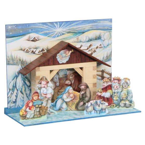 Walachia eco-friendly wooden christmas nativity hobby kit built up on a white background