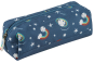 Frugi Crafty indigo pencil case with rainbows, stars and planets printed all over