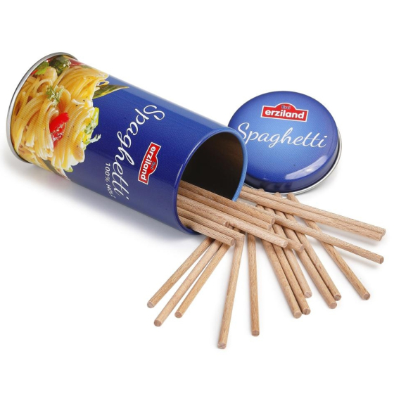 Erzi Spaghetti In A Tin Wooden Play Food on a white background