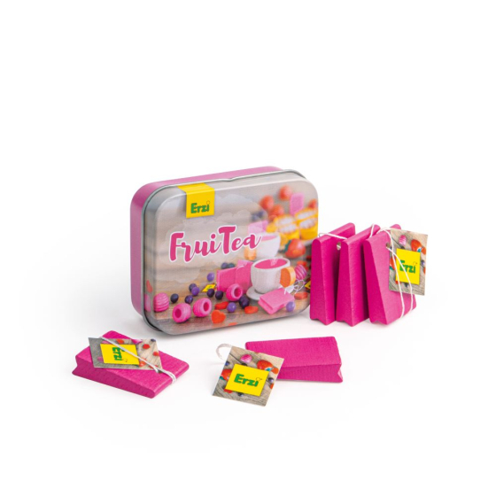 The Erzi Fruit Tea in a Tin includes 5 pink wooden toy teabags in a colourful fruit tea tin. White background.