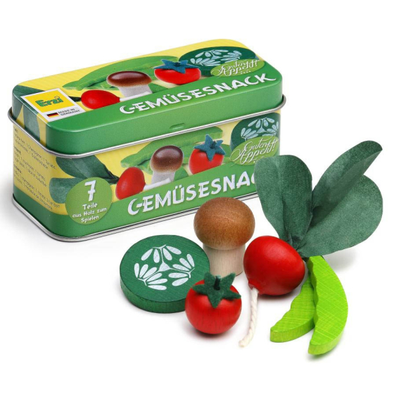 Erzi Vegetable Snacks In A Tin Wooden Play Food, 6 wooden vegetable toys in front of their tin, white background.