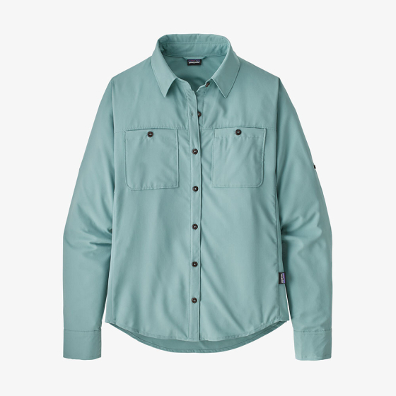 Patagonia long sleeve hiking shirt in the colour blue.