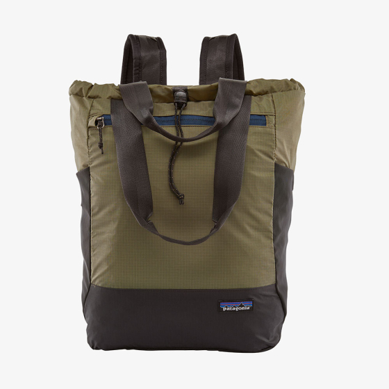 Patagonia ultralight black hole tote pack in sage khaki colour.