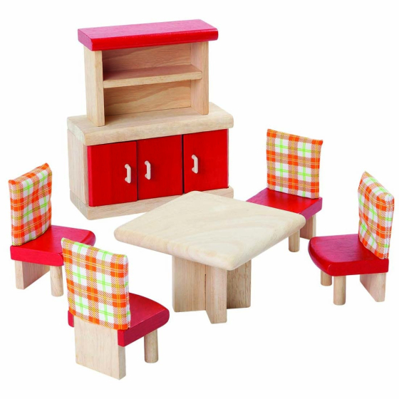 Plan Toys Wooden Dolls House Dining Room Set. This dining room set includes a table, four chairs and a dresser for crockery. Made from solid sustainable rubberwood with red painted details