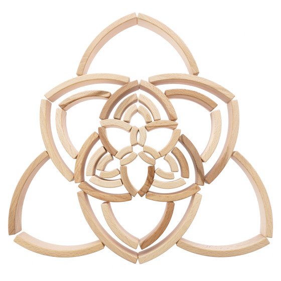 48 pieces of Abel wooden Golden Ratio toy blocks laid out in a flower-like pattern on a white background