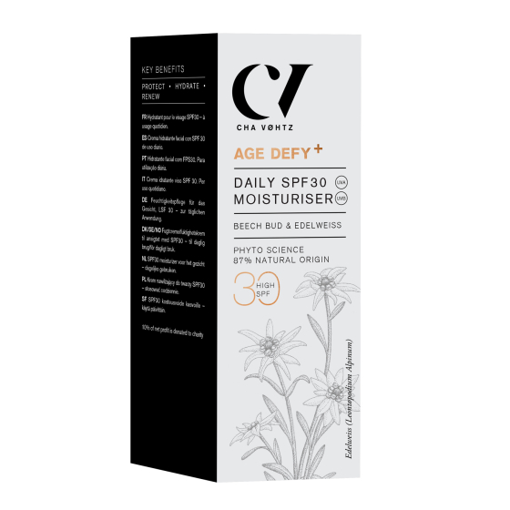 Age Defy+ Daily SPF30 Moisturiser in the box pictured on a plain background