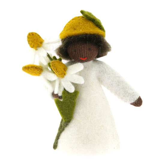 Ambrosius handmade eco-friendly chamomile boy felt fairy figure with black skin on a white background