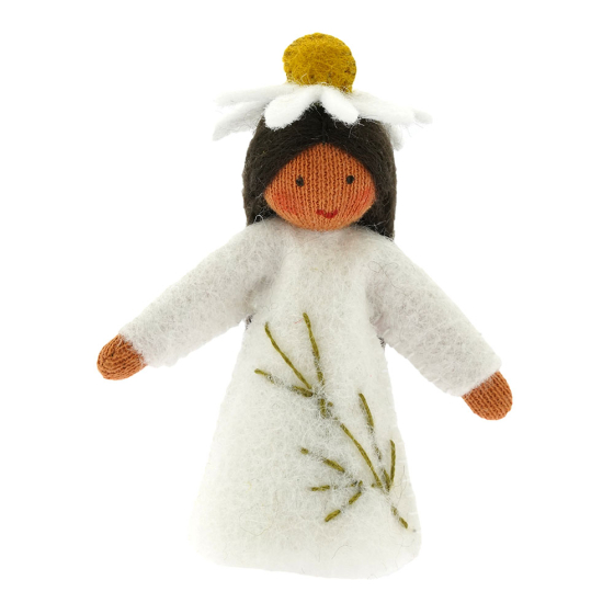 Ambrosius handmade felt chamomile fairy toy figure with light brown skin on a white background