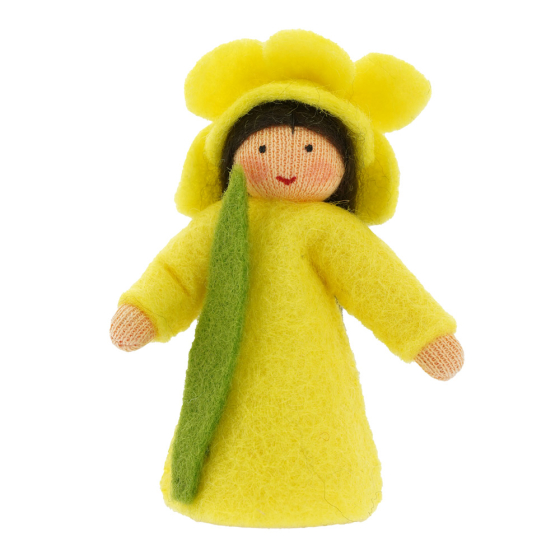 Ambrosius handmade felt daffodil fairy figure with light brown skin on a white background