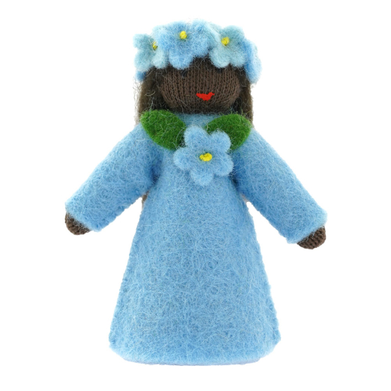 Ambrosius handmade felt forget me not fairy figure with black skin on a white background