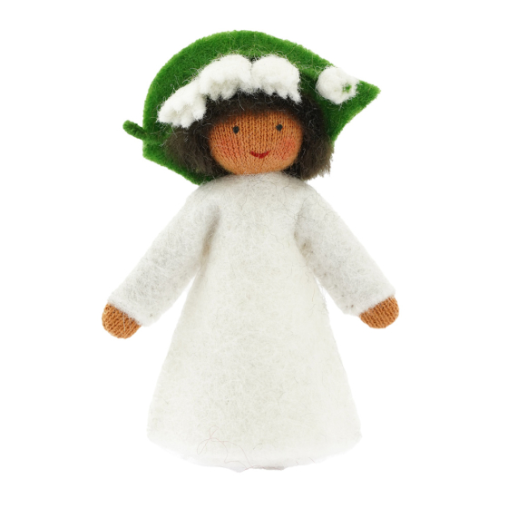 Ambrosius handmade felt lily of the valley fairy figure with dark brown skin on a white background