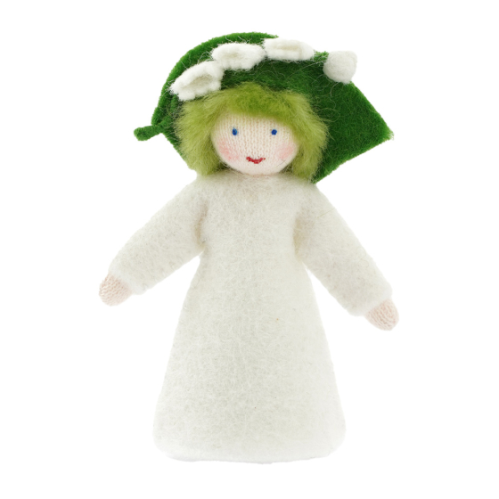 Ambrosius handmade felt lilly of the valley fairy figure with white skin on a white background