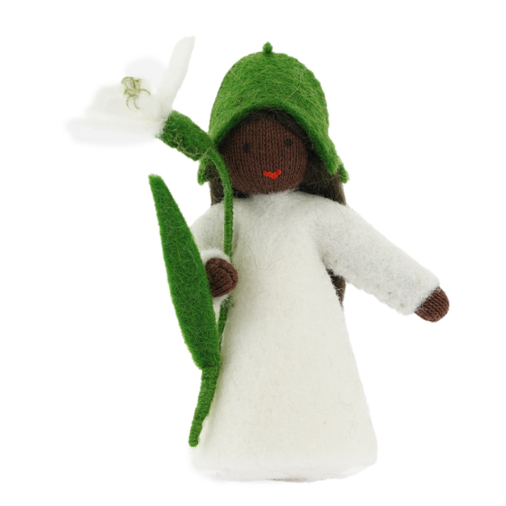 Ambrosius handmade felt snowdrop fairy figure with black skin on a white background