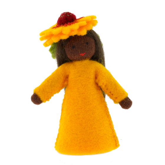 An Ambrosius Firewheel flower Fairy with Black Skin pictured on a plain background