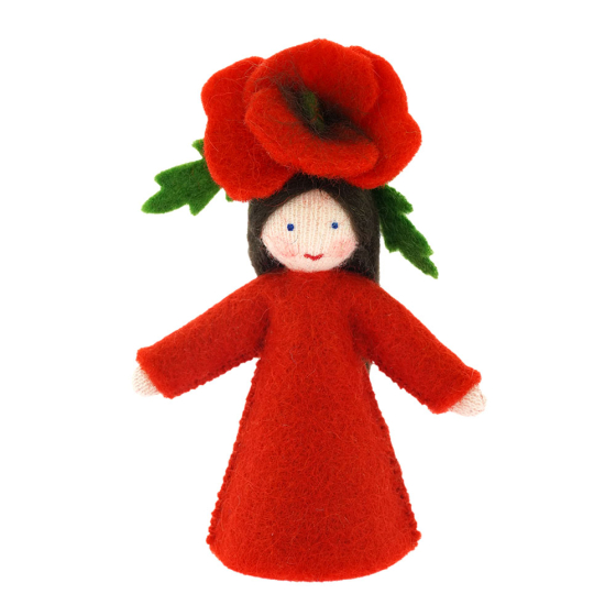 Ambrosius handmade collectable poppy crown fairy figure with white skin on a white background