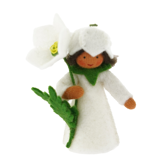 Ambrosius collectable rose flower felt figure with dark brown skin on a white background