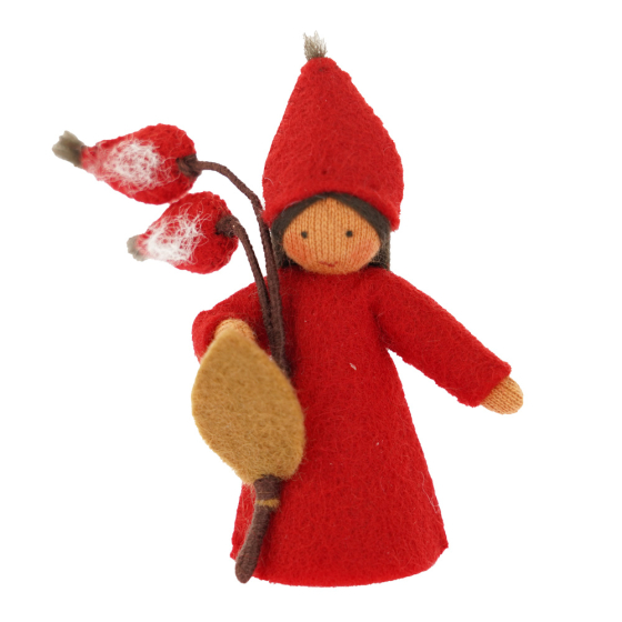 Ambrosius collectable felt rosehip christmas fairy figure with dark brown skin on a white background