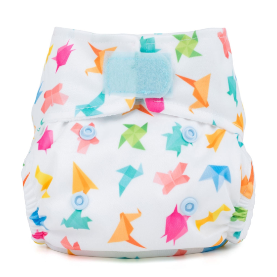 Baba & Boo Origami newborn reusable nappy print is white with a fun pastel origami design with pale blue velcro closure. White background.