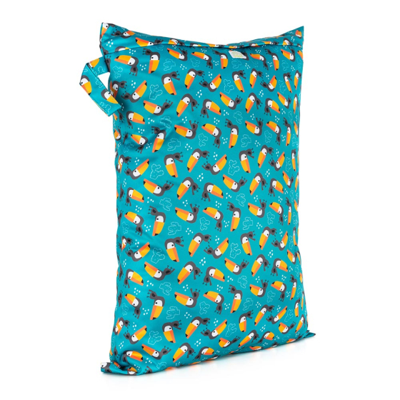 Baba + Boo Reusable Large Wet Bag in teal with a repeat pattern of toucans, a side handle and zip-top closure on a white background