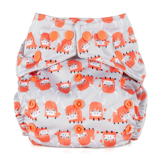 Baba + Boo eco-friendly reusable One-Size Adjustable Nappy in off-white with a repeat print of orange fringed highland cows, orange popper snaps on a white background