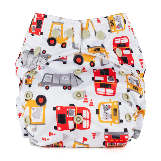 Baba + Boo eco-friendly reusable One-Size Adjustable Nappy in white with red buses and yellow taxis and diggers with matching popper snaps on a white background