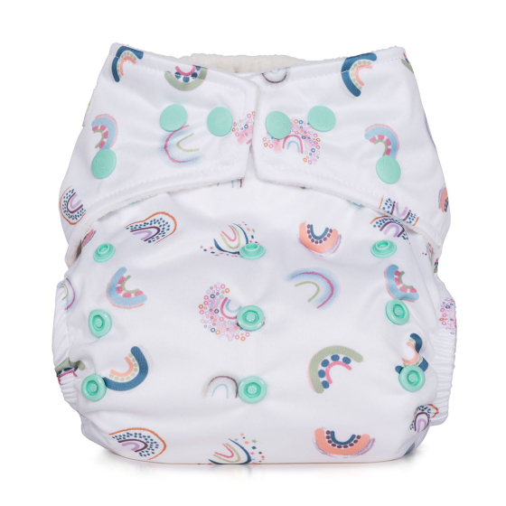 Picture of the white rainbow design one size nappy. Picture background is white.