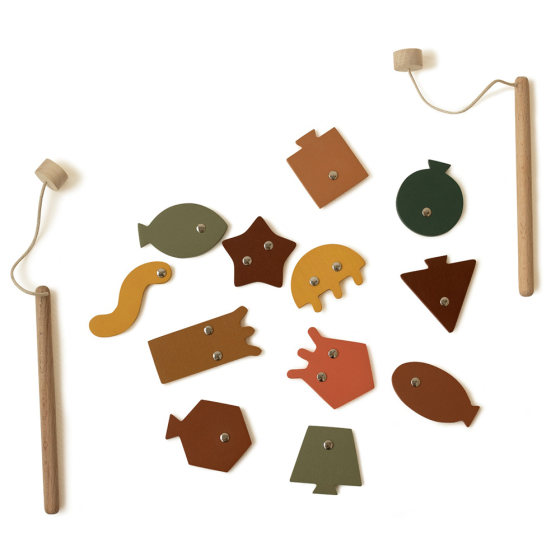 wooden fun geo magnetic fishing game in earthy colours from babai toys