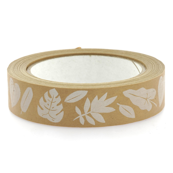 Babipur kraft eco paper tape in the white leaves print on a white background