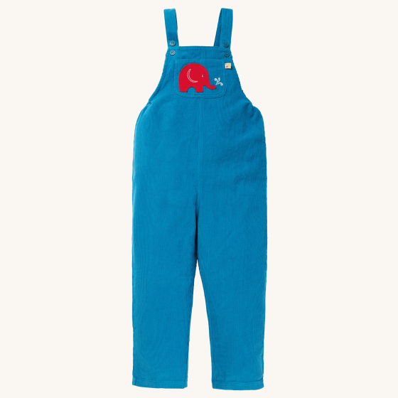 Organic Kids Organic Cotton Cord Dungarees in Blue with Red Elephant applique on the front pocket by Babipur x Frugi, on a cream background