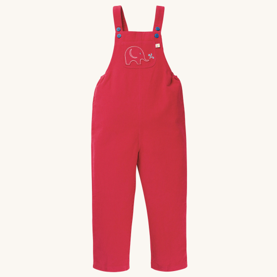 Organic Kids Organic Cotton Cord Dungarees in Red with Red Elephant applique on the front pocket by Babipur x Frugi, on a cream background