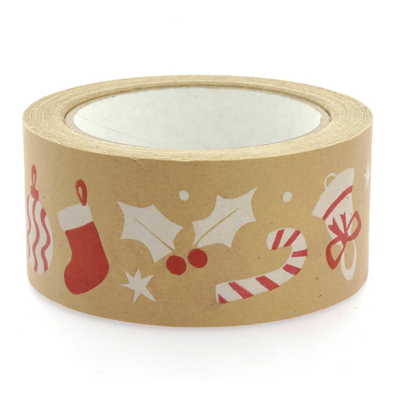 Babipur wide kraft eco paper tape in the Christmas decorations print on a white background