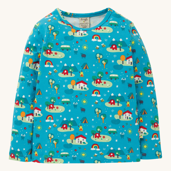 Front of the Frugi x Babipur tobermory camp out bryher top laid out on a cream background