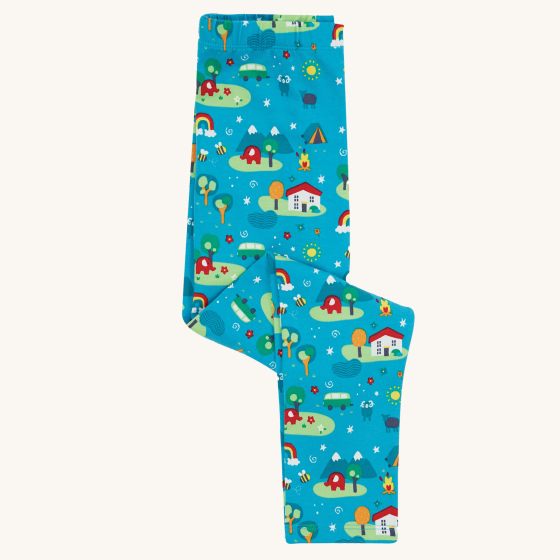 Frugi X Babipur Tobermory Camp Out Libby Printed children's leggings laid out on a cream background