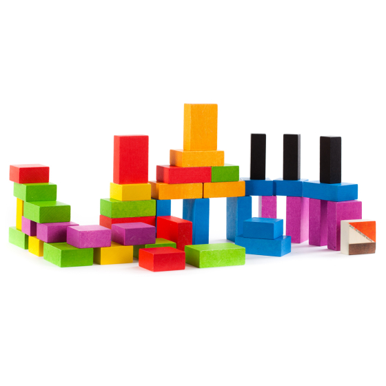 Bajo 43 plastic-free colourful wooden block toys stacked in a pile on a white background