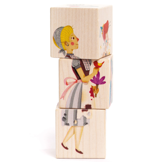 Bajo Cinderella Turning Storytelling Blocks showing Cinderella on the three wooden blocks